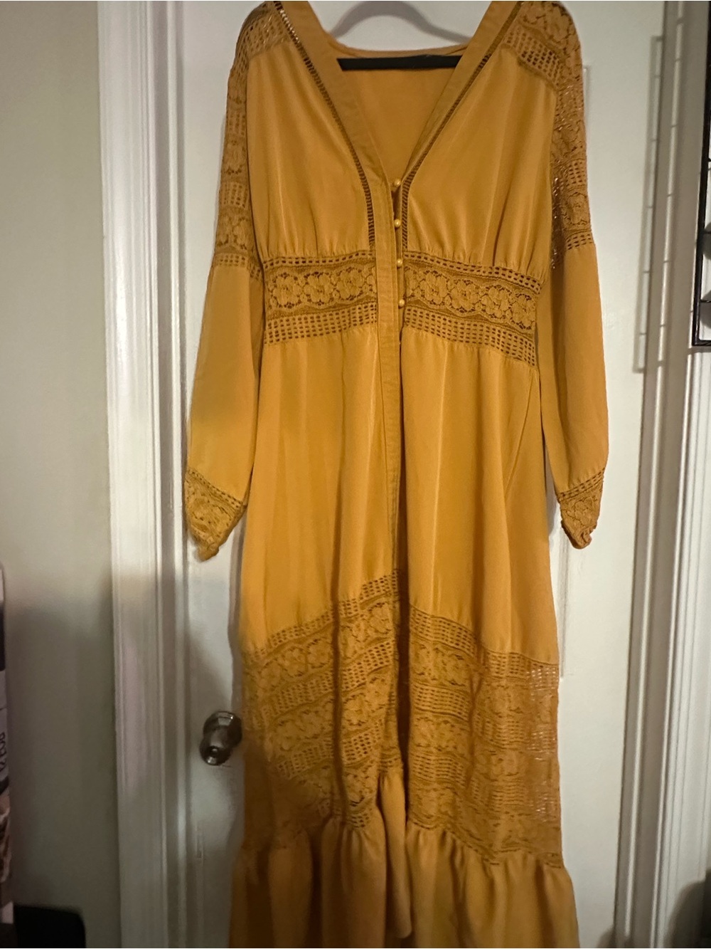 BLOOMCHIC Mustard Yellow Lace Fall Boho Maxi Dress Size 14 - Picture 3 of 8